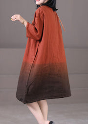 Karamellfarbenes Urlaubskleid aus Baumwolle mit großem Saum, O-Ausschnitt, Farbverlauf, halbe Ärmel