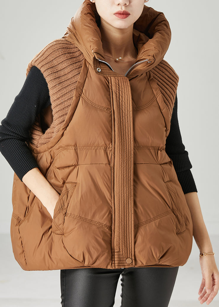 Caramel Patchwork Knit Duck Down Vests Hooded Winter