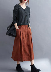 Caramel Pockets Patchwork Linen Skirts Wrinkled Summer