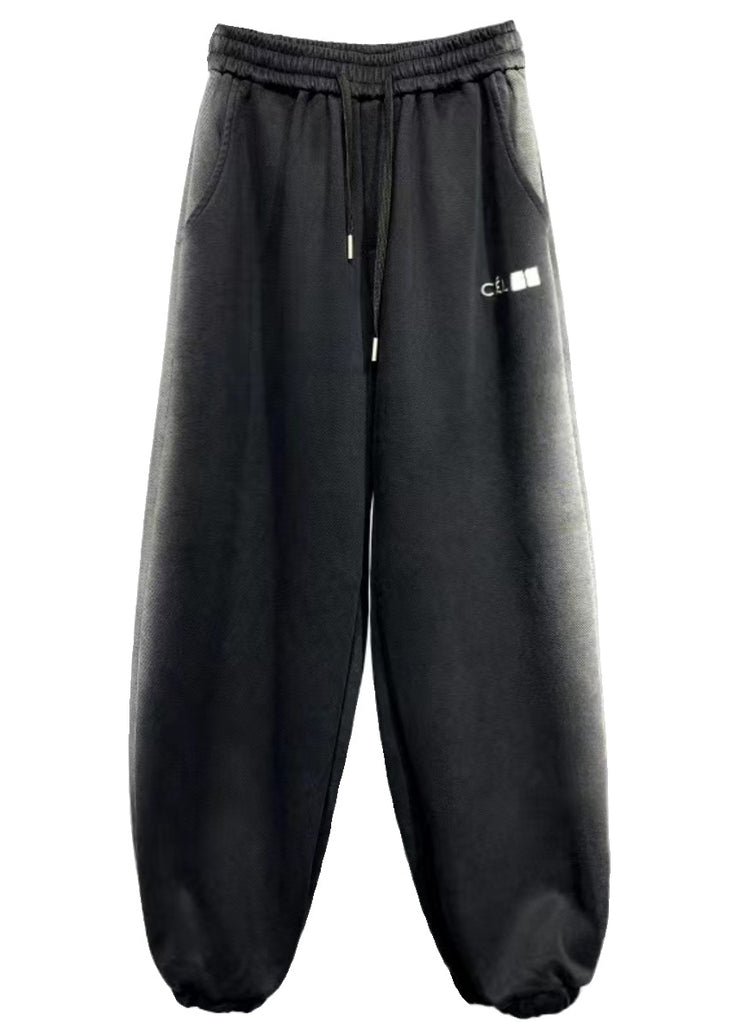 Casual And Comfortable Black Elastic Waist Warm Fleece Beam Pants Winter
