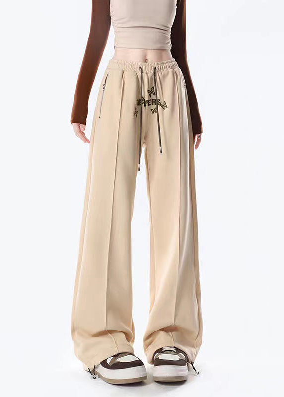 Casual Apricot Butterfly Embroidered Warm Fleece Wide Leg Pants Spring