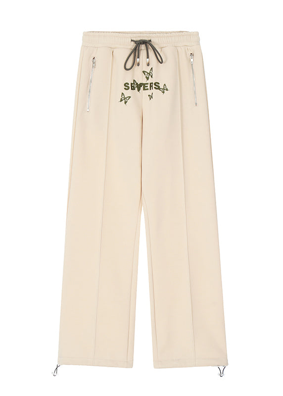 Casual Apricot Butterfly Embroidered Warm Fleece Wide Leg Pants Spring