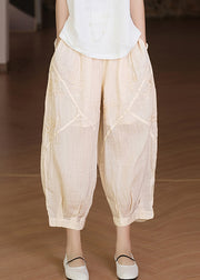 Casual Apricot Embroidered Pockets Linen Crop Pants Summer