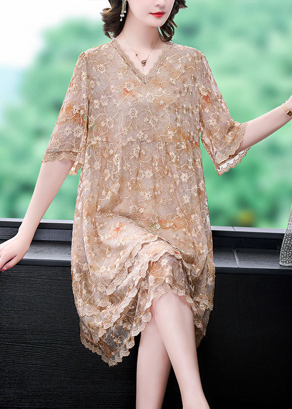 Casual Apricot Embroidered Patchwork Lace A Line Dress Summer