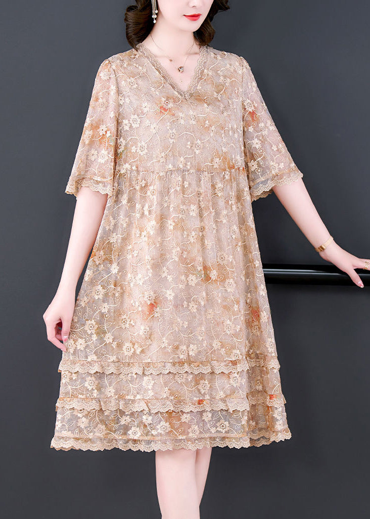 Casual Apricot Embroidered Patchwork Lace A Line Dress Summer
