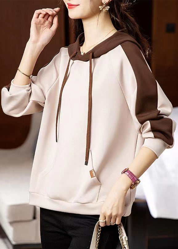 Casual Apricot Hooded Pockets Patchwork Cotton Sweatshirt Fall