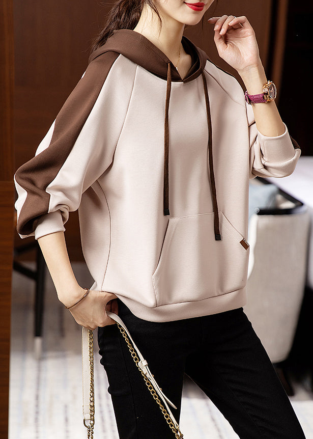 Casual Apricot Hooded Pockets Patchwork Cotton Sweatshirt Fall