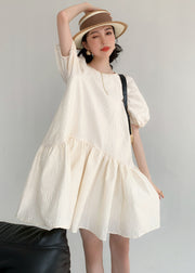 Casual Apricot O Neck Patchwork Wrinkled Cotton Mid Dress Puff Sleeve