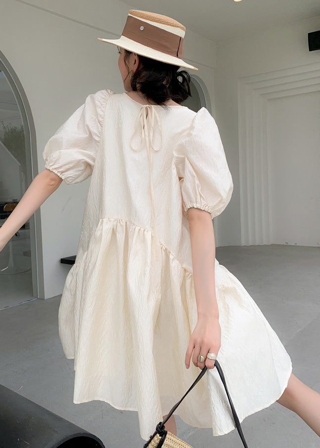 Casual Apricot O Neck Patchwork Wrinkled Cotton Mid Dress Puff Sleeve