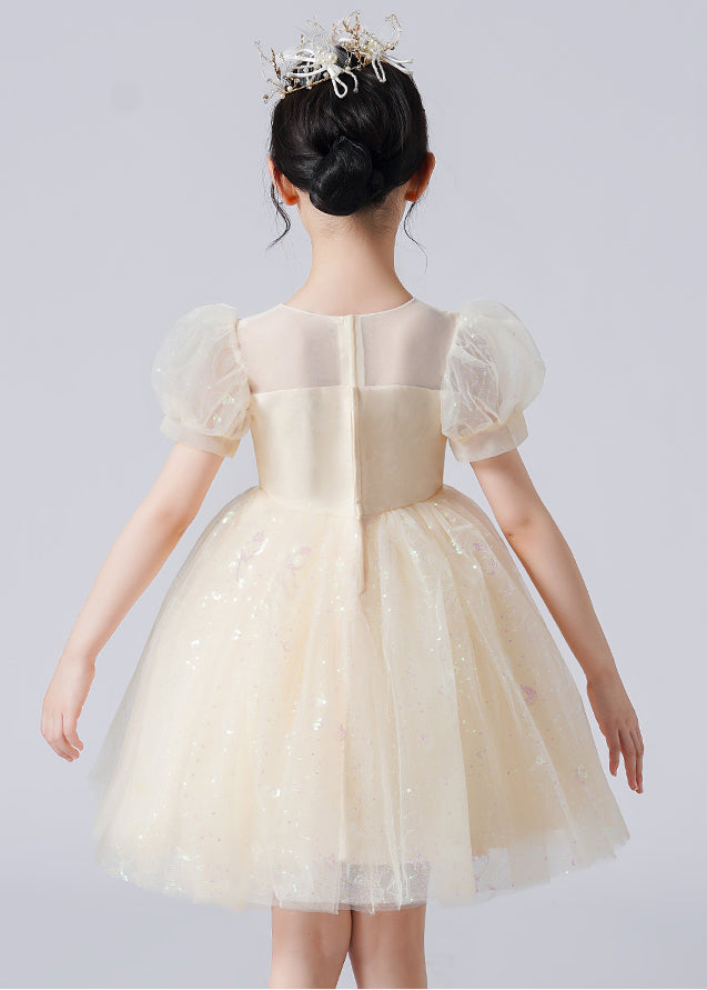 Casual Apricot Puff Sleeve Patchwork Sequins Tulle Kids Girls Robe Dresses Summer