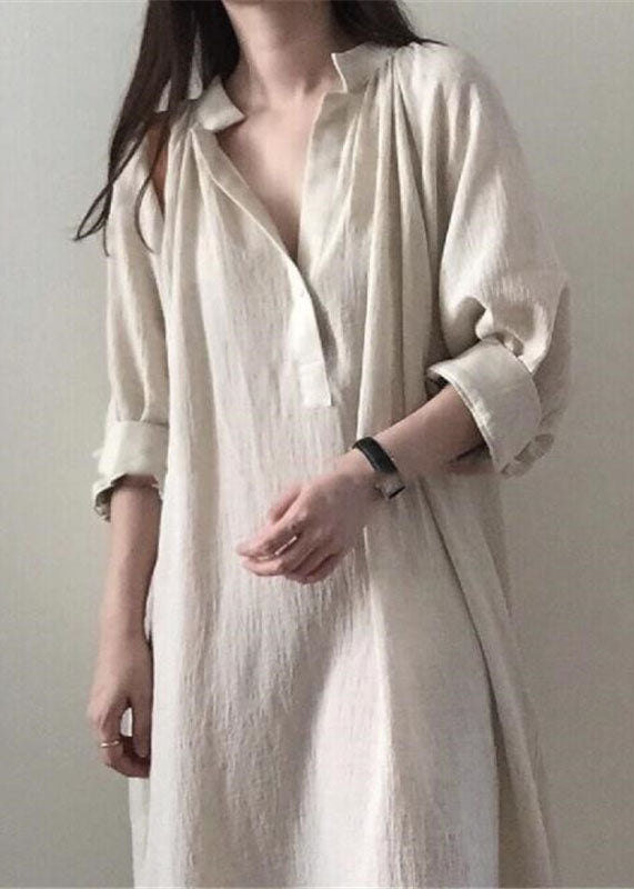 Casual Apricot Side Open Stand Collar Cotton Dresses Long sleeve