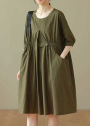 Casual Army Green O Neck Patchwork Cotton Mid Dresses Summer
