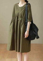 Casual Army Green O Neck Patchwork Cotton Mid Dresses Summer