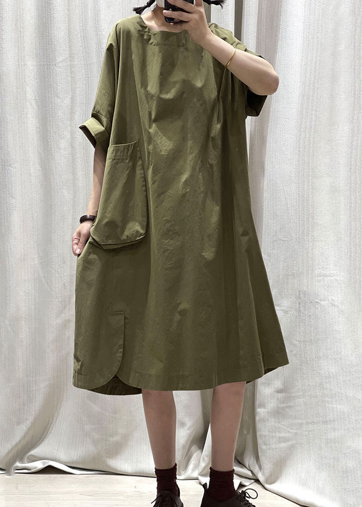 Casual Army Green O Neck Pockets Patchwork Cotton Mid Dress Summer