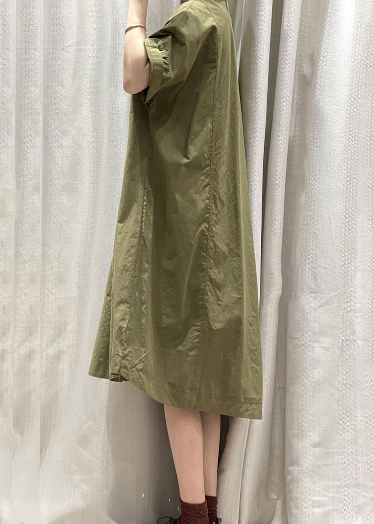 Casual Army Green O Neck Pockets Patchwork Cotton Mid Dress Summer