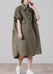 Casual Army Green Peter Pan Collar Button Maxi Summer Cotton Dress - SooLinen