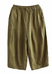 Casual Army Green Pockets Elastic Waist Cozy Linen Wide Leg Pants Summer