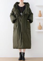 Casual Army Green Turtleneck Zippered Duck Down Hooded Long Down Coat Winter