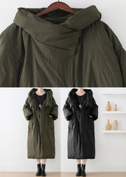 Casual Army Green Turtleneck Zippered Duck Down Hooded Long Down Coat Winter