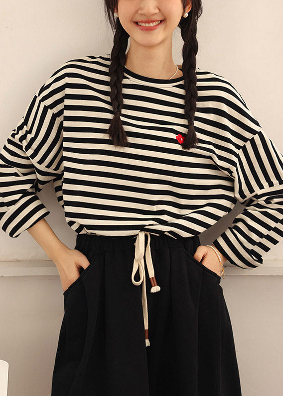 Casual Beige Black Striped O-Neck Cozy Cotton T Shirts Spring