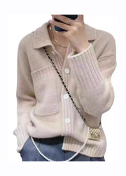 Casual Beige Peter Pan Collar Button Thick Cashmere Knit Sweater Fall