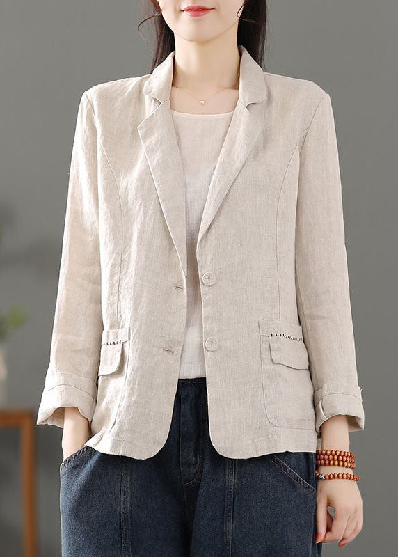 Casual Beige Pockets Patchwork Button Linen Coats Spring