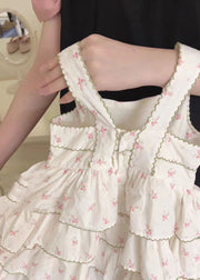 Casual Beige Print Wrinkled Patchwork Cotton Kids Girls Dress Summer