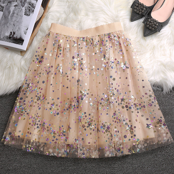 Casual Beige Sequins tulle Elastic Waist Skirts Summer