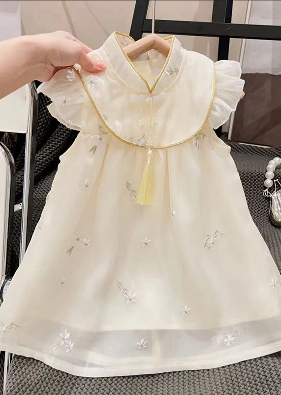 Casual Beige Stand Collar Embroidered Tassel Patchwork Tulle Long Dresses Summer