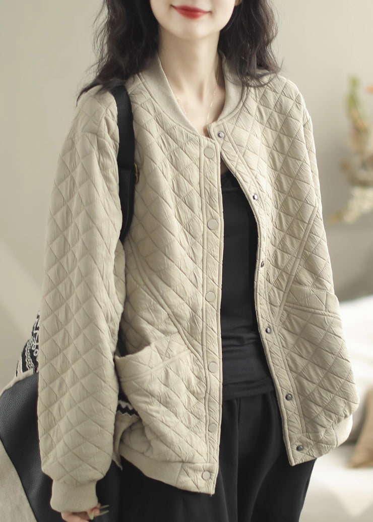 Casual Beige Stand Collar Pockets Fine Cotton Filled Jacket Winter