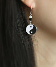 Casual Black And White Sterling Silver Jade Tai Chi Circular Drop Earrings