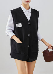 Casual Black Applique Thick Knit Vest Tops Fall