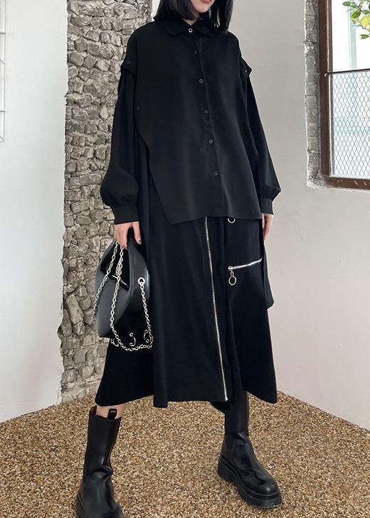 Casual Black Asymmetrical Design Button Shirt Long Sleeve Spring - SooLinen