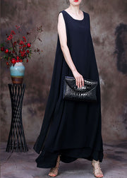 Casual Black Asymmetrical Design Chiffon Long Dresses Sleeveless