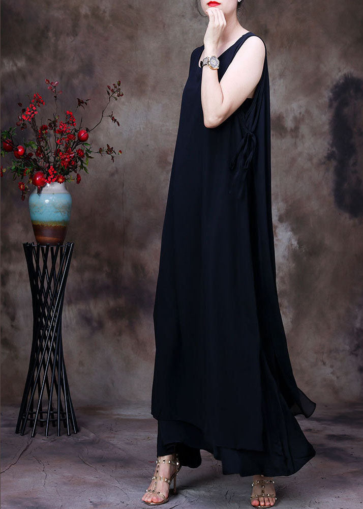 Lässiges schwarzes asymmetrisches Design Chiffon lange Kleider ärmellos