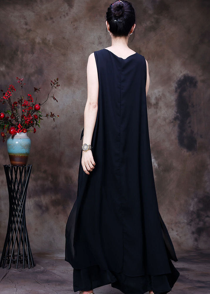 Lässiges schwarzes asymmetrisches Design Chiffon lange Kleider ärmellos