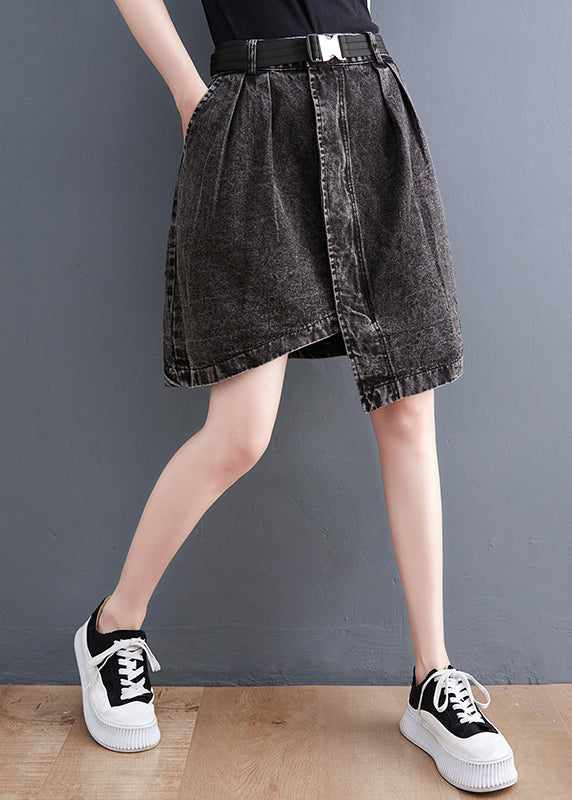 Casual Black Asymmetrical Design Pockets Denim Short Skirt Summer