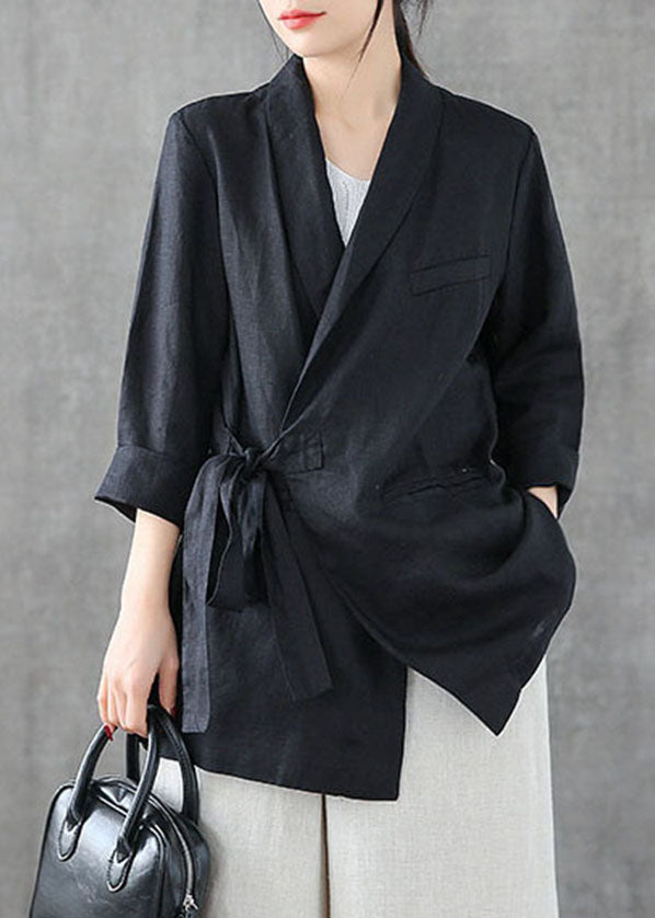 Casual Black Asymmetrical Design Pockets Linen Coats Long Sleeve