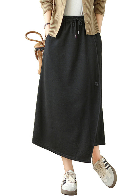 Casual Black Asymmetrical Drawstring Cotton A Line Skirt Spring