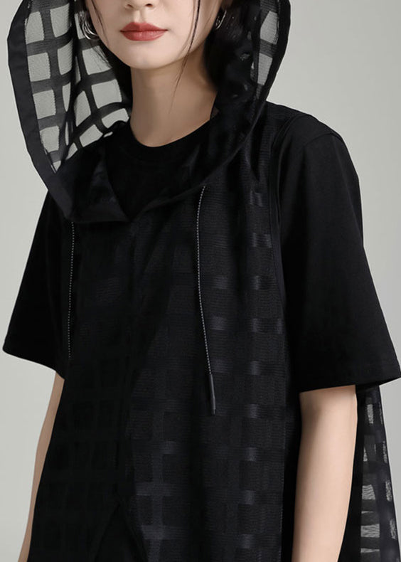 Casual Black Asymmetrical Hooded Patchwork Two Pieces Set Summer