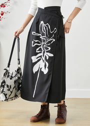 Casual Black Asymmetrical Lace Up Print Cotton Skirts Fall