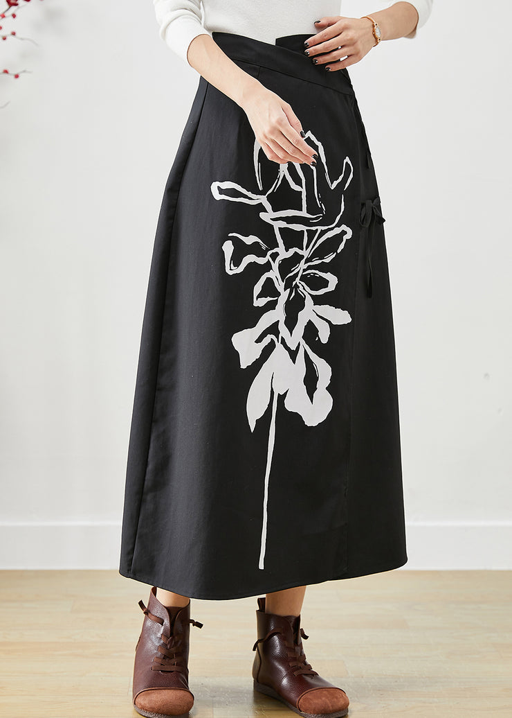 Casual Black Asymmetrical Lace Up Print Cotton Skirts Fall