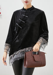 Casual Black Asymmetrical Organza Patchwork Chinese Button Silk Velour Shirt Top Fall