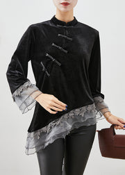 Casual Black Asymmetrical Organza Patchwork Chinese Button Silk Velour Shirt Top Fall