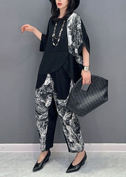 Casual Black Asymmetrical Print Patchwork Cotton 2 Piece Outfit Summer
