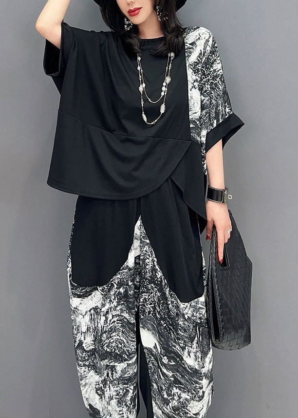 Casual Black Asymmetrical Print Patchwork Cotton 2 Piece Outfit Summer