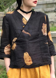 Casual Black Button Print Linen Shirt Top Half Sleeve
