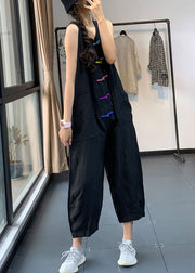 Casual Black Chinese Button Pockets Patchwork Linen Jumpsuits Summer