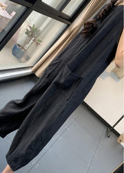 Casual Black Chinese Button Pockets Patchwork Linen Jumpsuits Summer