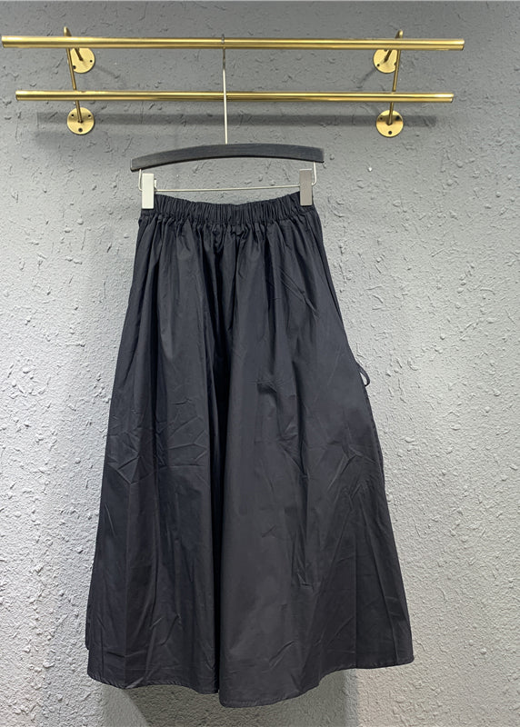 Casual Black Cinched Pockets Elastic Waist Patchwork Cotton Skirt Fall